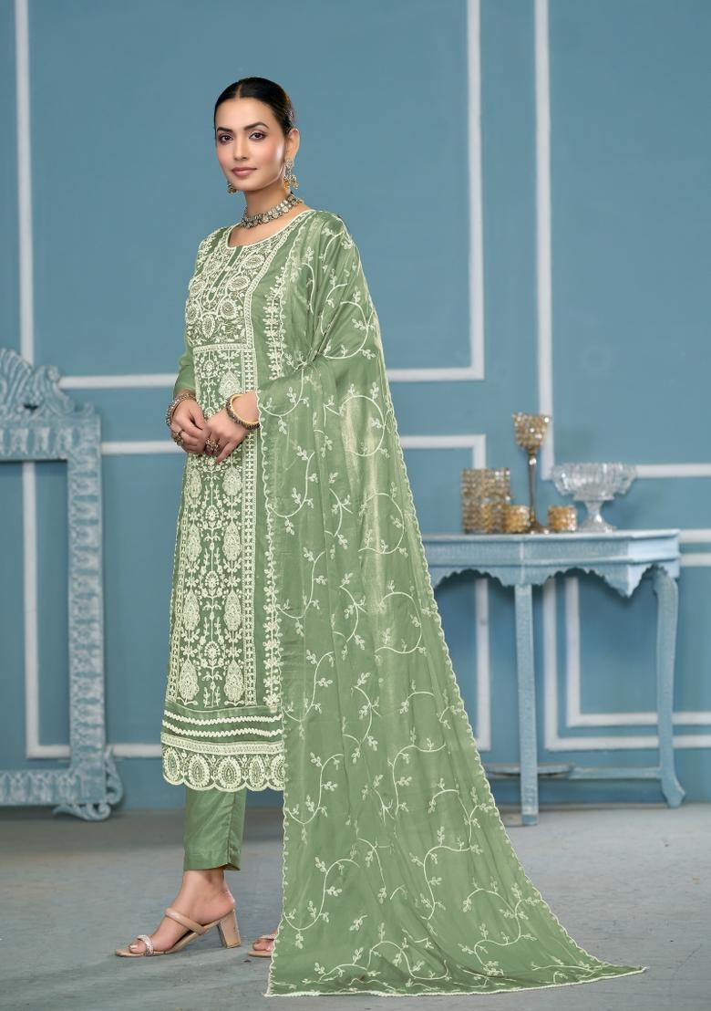 Green Woven Organza Salwar Kameez - Indya