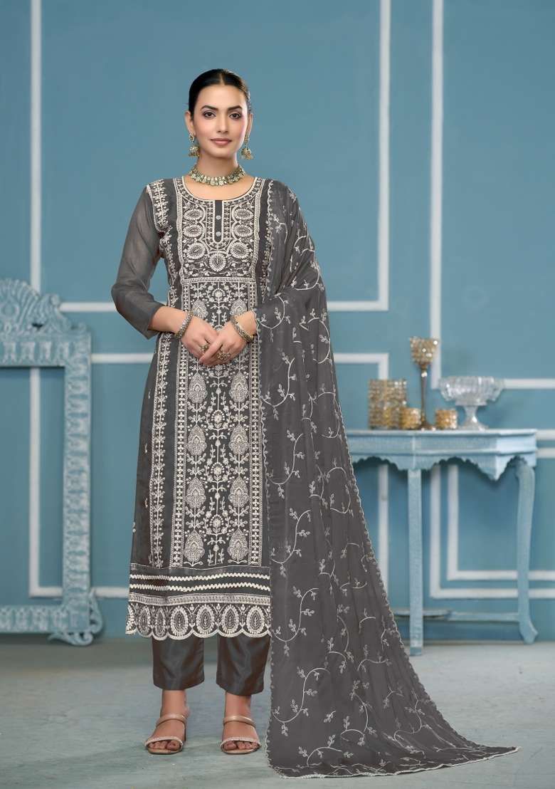 Grey Embroidered Organza Pakistani Suit Set - Indya