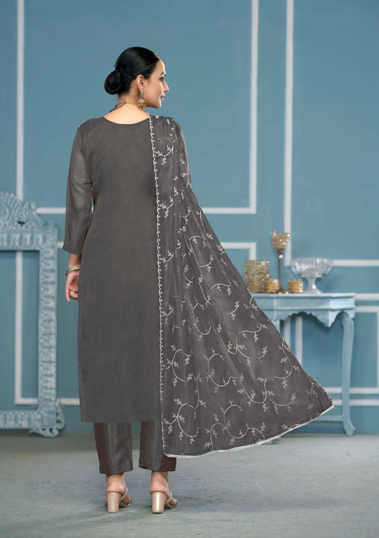 Grey Embroidered Organza Pakistani Suit Set - Indya