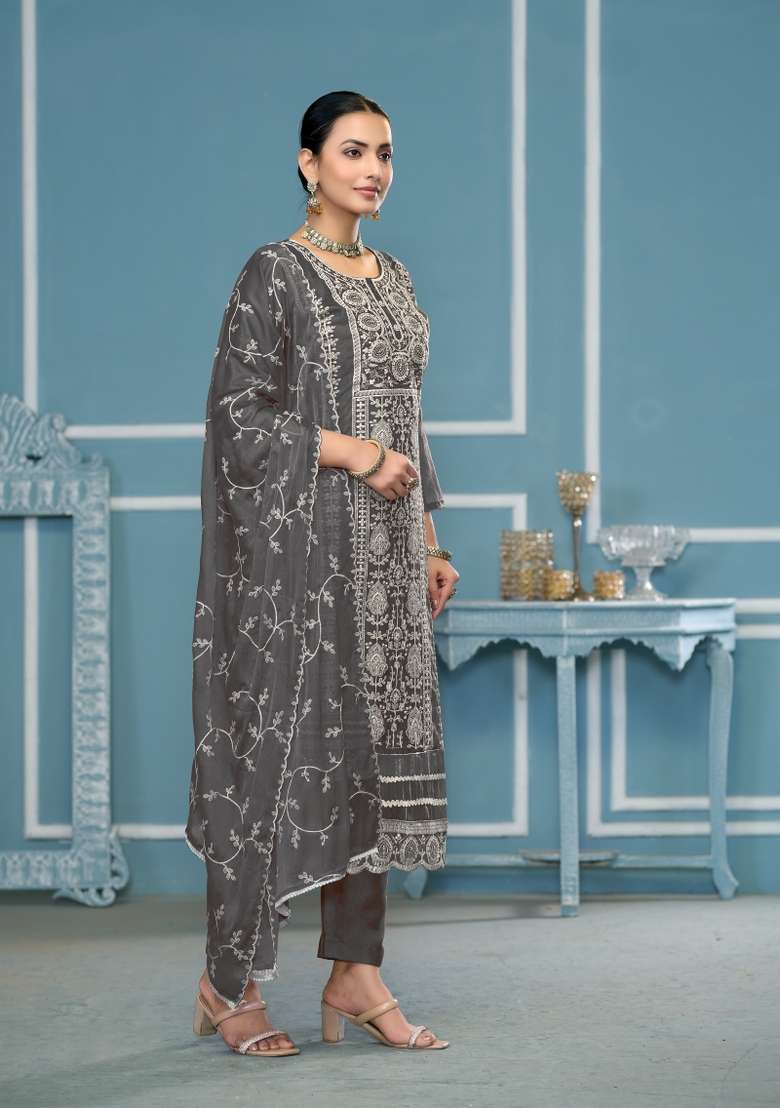 Grey Embroidered Organza Pakistani Suit Set - Indya