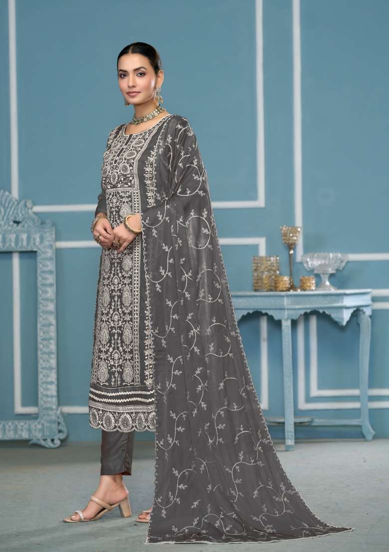 Grey Embroidered Organza Pakistani Suit Set - Indya