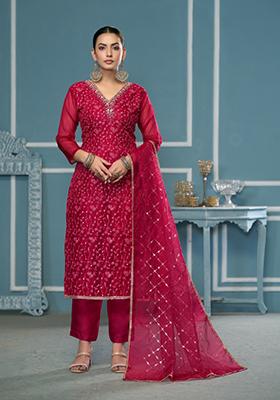 Maroon Woven Organza Salwar Kameez