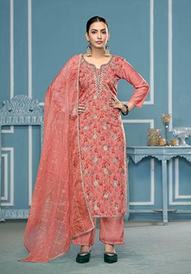 Pink Woven Organza Salwar Kameez