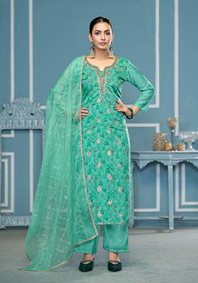 Sea Green Woven Organza Salwar Kameez