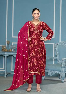 Burgundy Woven Cotton Salwar Kameez