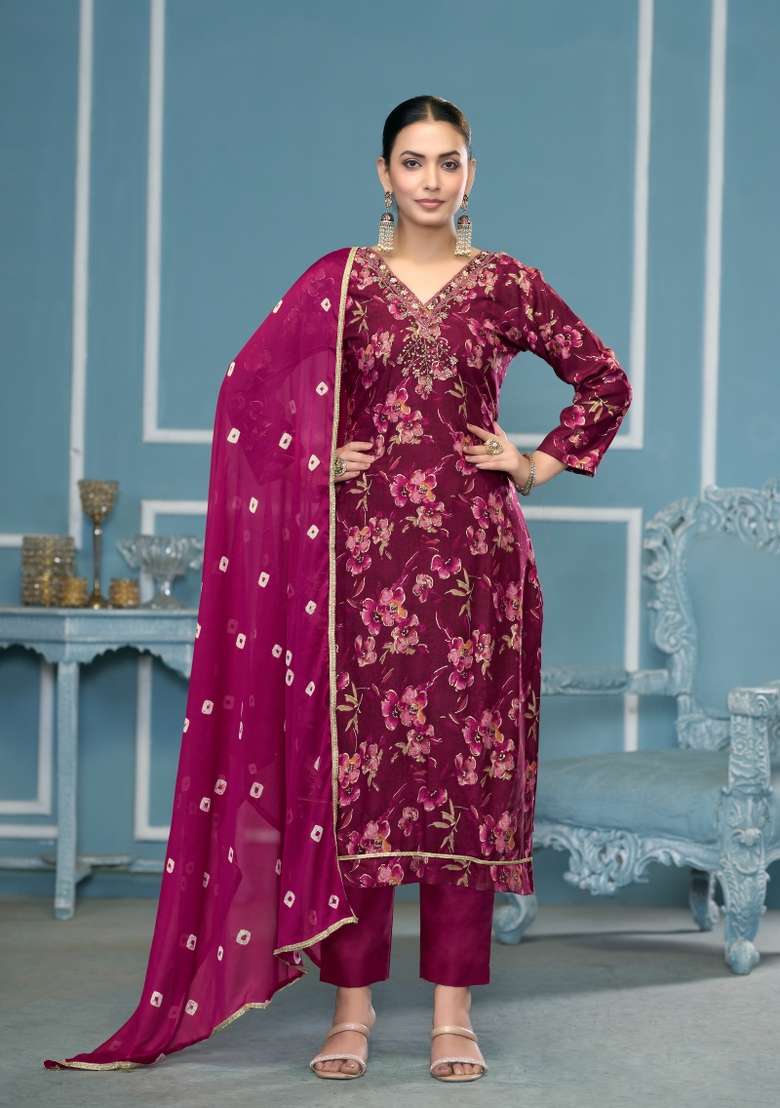 Purple Woven Cotton Salwar Kameez - Indya