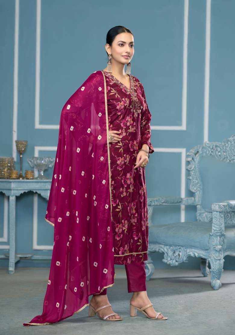 Purple Woven Cotton Salwar Kameez - Indya