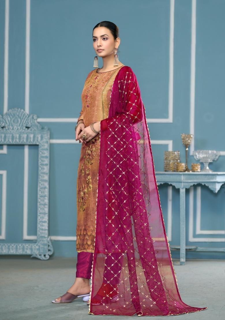 Multi Woven Art Silk Salwar Kameez - Indya