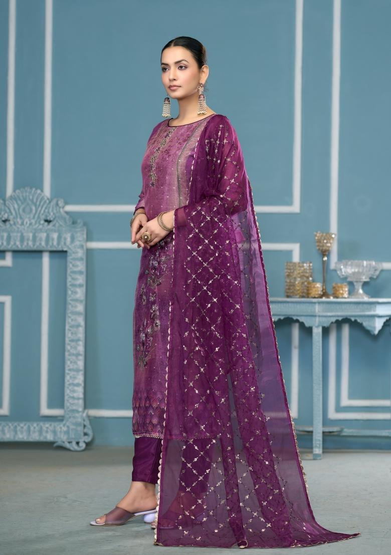 Multi Woven Art Silk Salwar Kameez - Indya