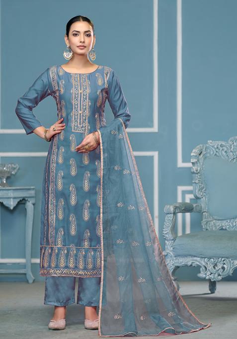Sky Blue Woven Cotton Salwar Kameez