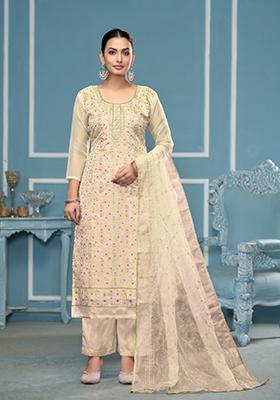 Off White Woven Viscose Salwar Kameez