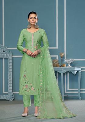 Green Woven Cotton Salwar Kameez