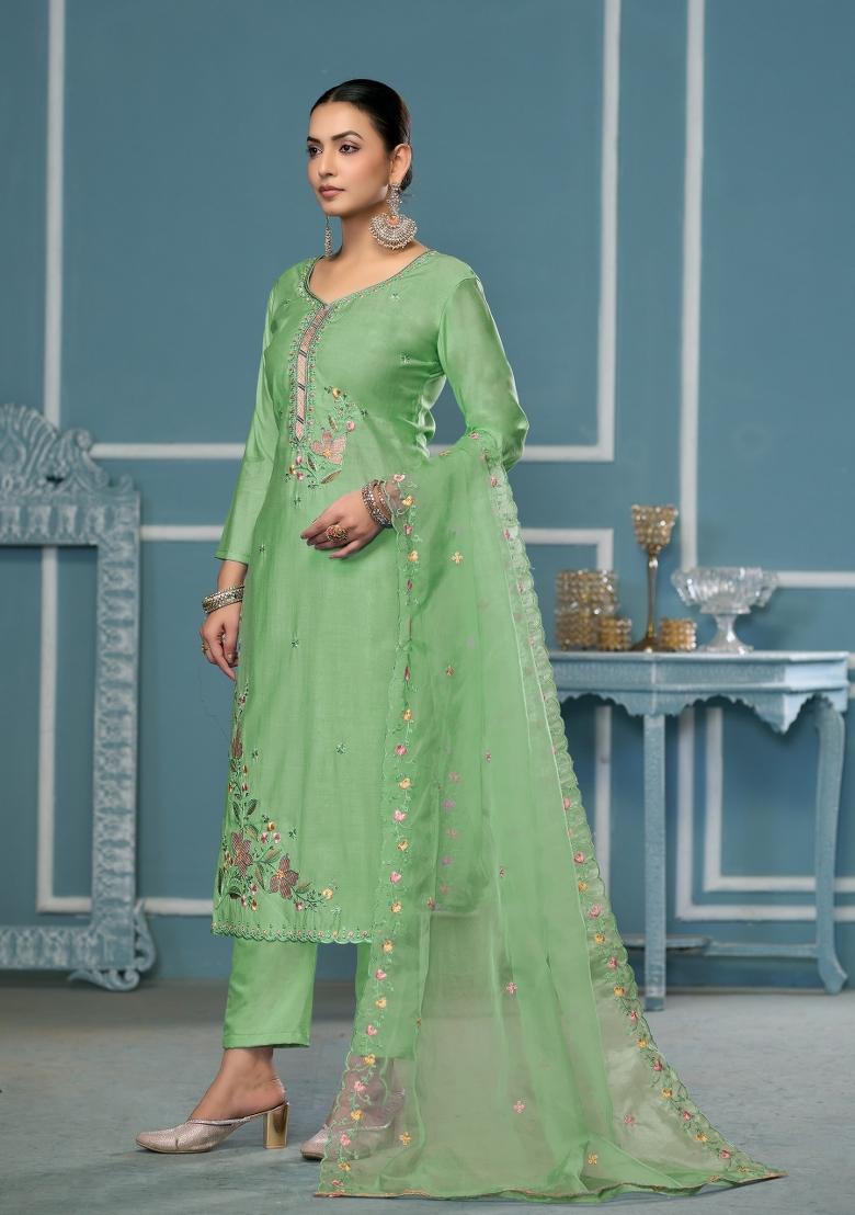 Green Woven Cotton Salwar Kameez - Indya
