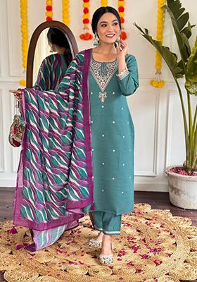 Teal Blue Embroidered Viscose Salwar Kameez