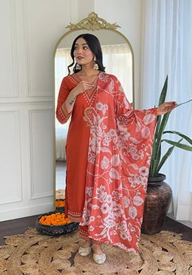 Orange Embroidered Viscose Salwar Kameez