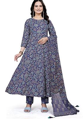 Blue Embroidered Cotton Salwar Kameez