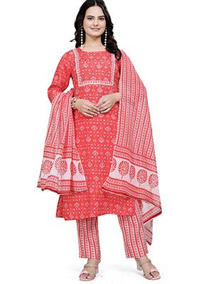 Orange Embroidered Cotton Salwar Kameez