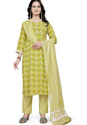 Green Embroidered Cotton Salwar Kameez