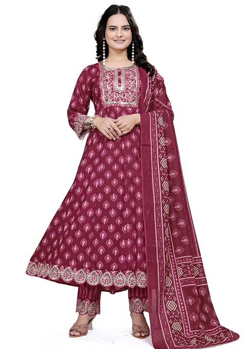 Burgundy Embroidered Cotton Salwar Kameez