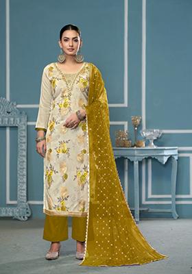 White Printed Viscose Salwar Kameez
