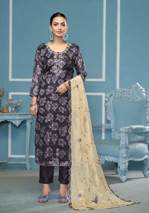 Grey Printed Viscose Salwar Kameez