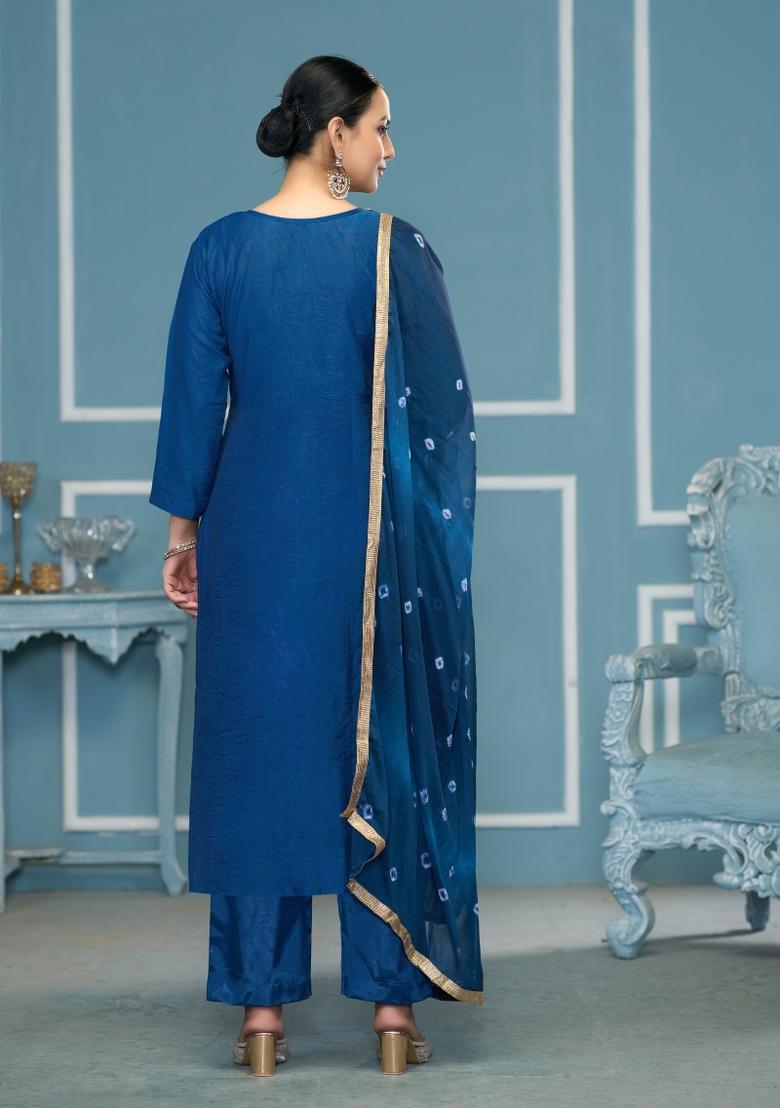 Blue Printed Cotton Salwar Kameez - Indya