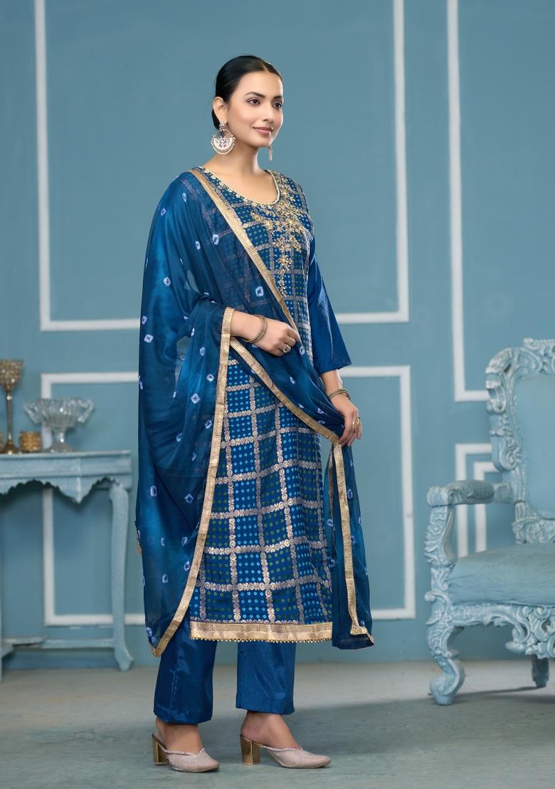 Blue Printed Cotton Salwar Kameez - Indya