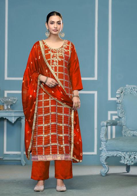 Orange Printed Cotton Salwar Kameez