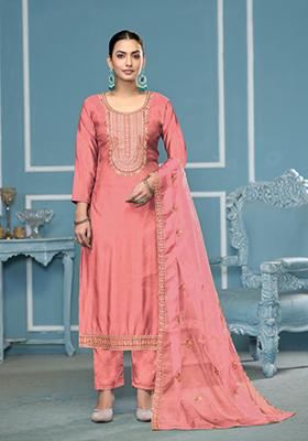 Coral Woven Cotton Salwar Kameez