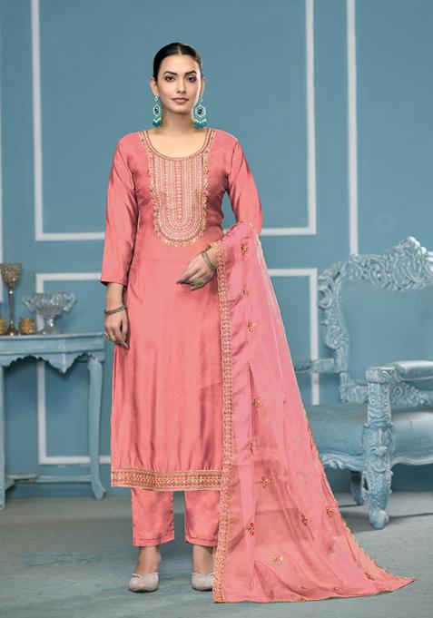 Coral Woven Cotton Salwar Kameez