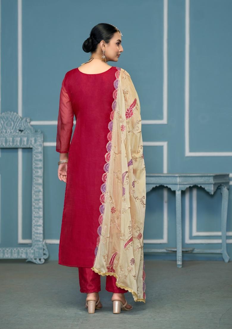 Burgundy Printed Viscose Salwar Kameez - Indya