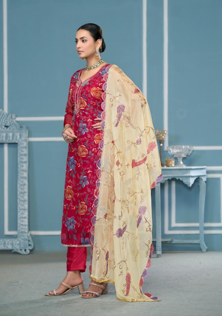 Burgundy Printed Viscose Salwar Kameez - Indya