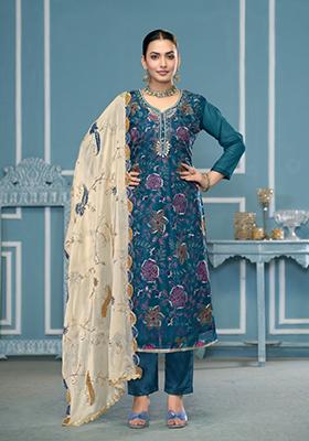 Teal Blue Printed Viscose Salwar Kameez