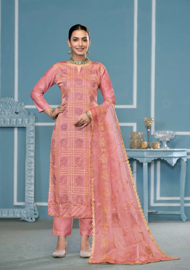 Peach Jacquard Cotton Pakistani Suit Set - Indya
