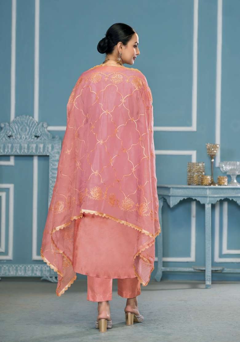 Peach Jacquard Cotton Pakistani Suit Set - Indya