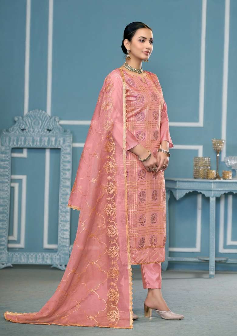 Peach Jacquard Cotton Pakistani Suit Set - Indya