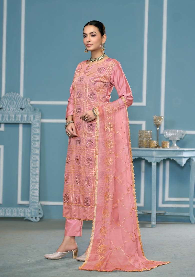 Peach Jacquard Cotton Pakistani Suit Set - Indya