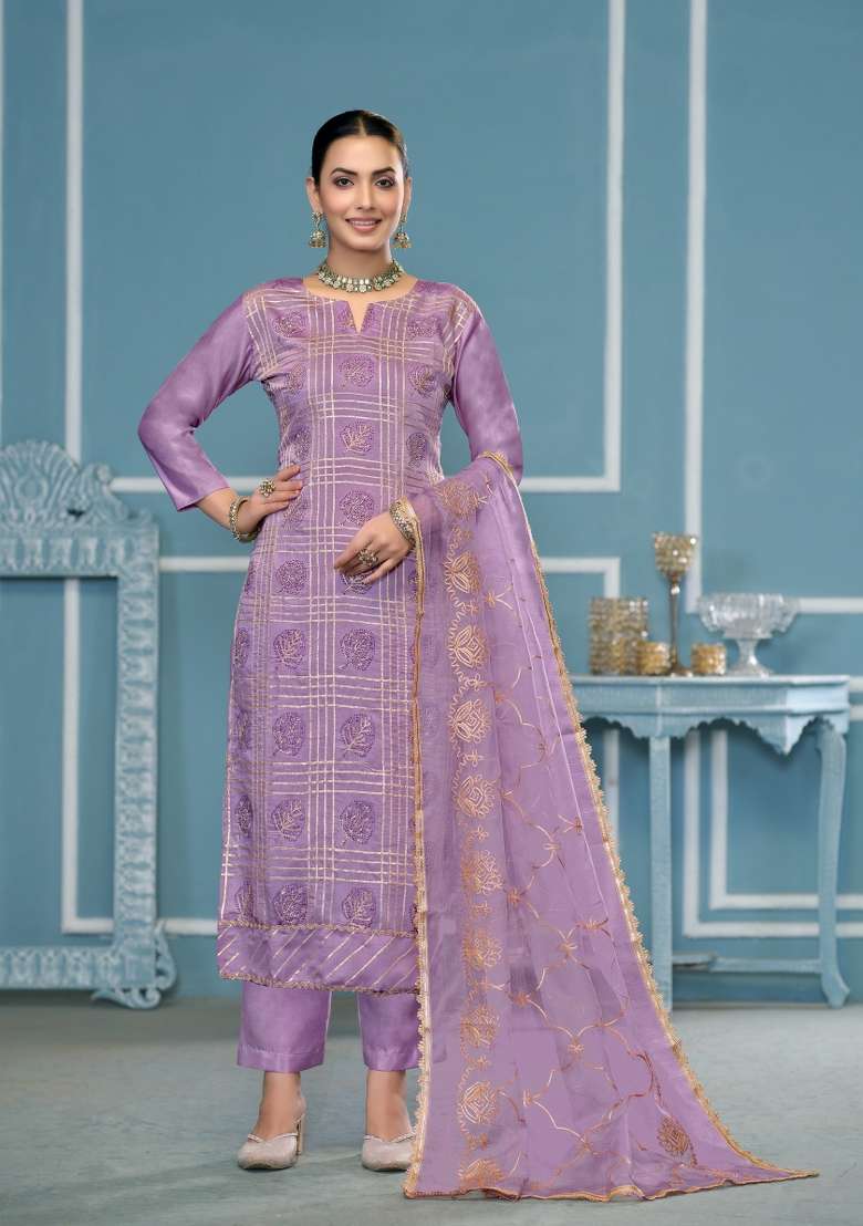 Lavender Zari Work Cotton Straight Kurta Set - Indya
