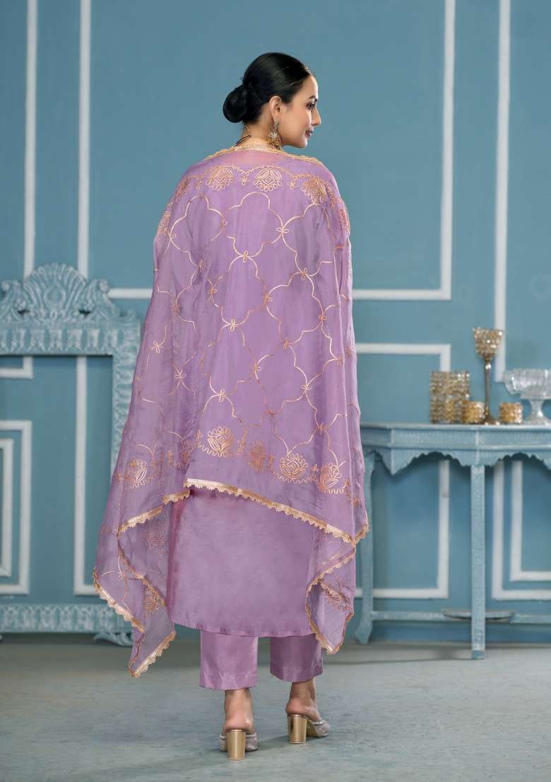 Lavender Zari Work Cotton Straight Kurta Set - Indya