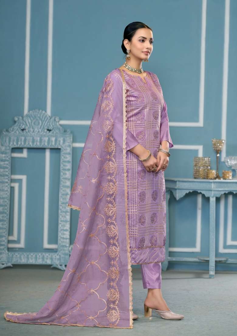Lavender Zari Work Cotton Straight Kurta Set - Indya