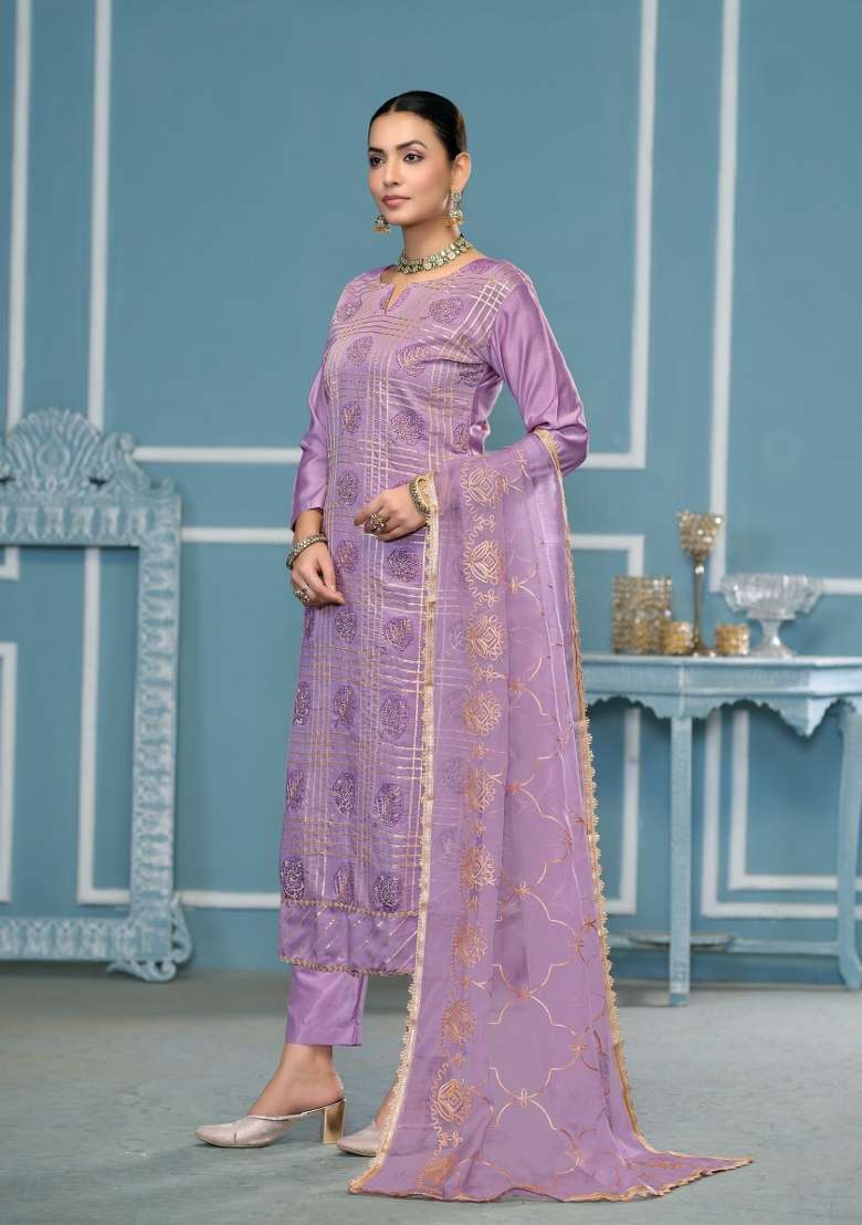 Lavender Zari Work Cotton Straight Kurta Set - Indya