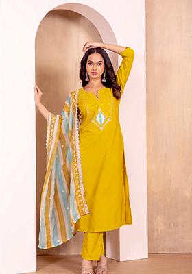 Yellow Printed Art Silk Salwar Kameez