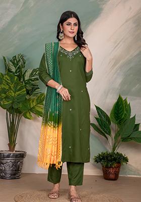 Green Printed Art Silk Salwar Kameez