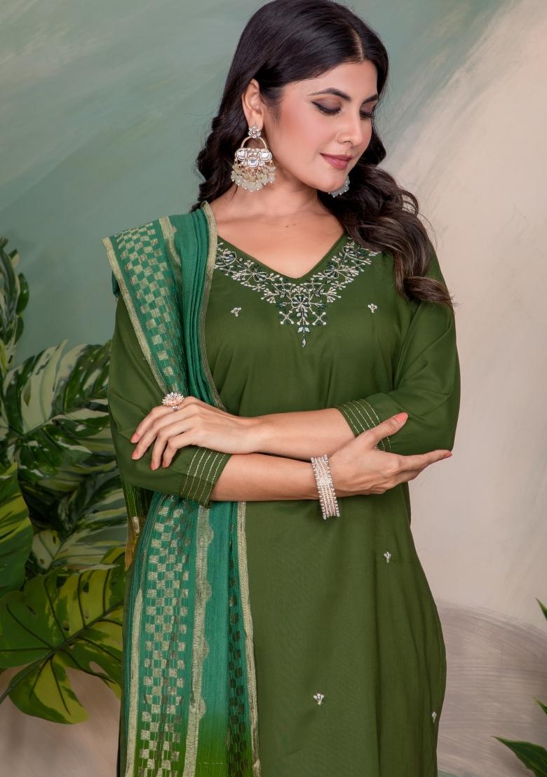 Green Printed Art Silk Salwar Kameez - Indya