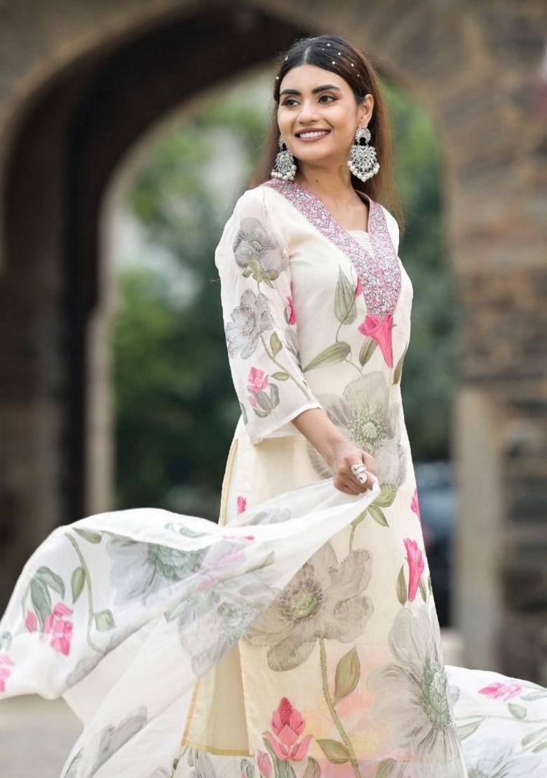 Off White Printed Georgette Salwar Kameez - Indya