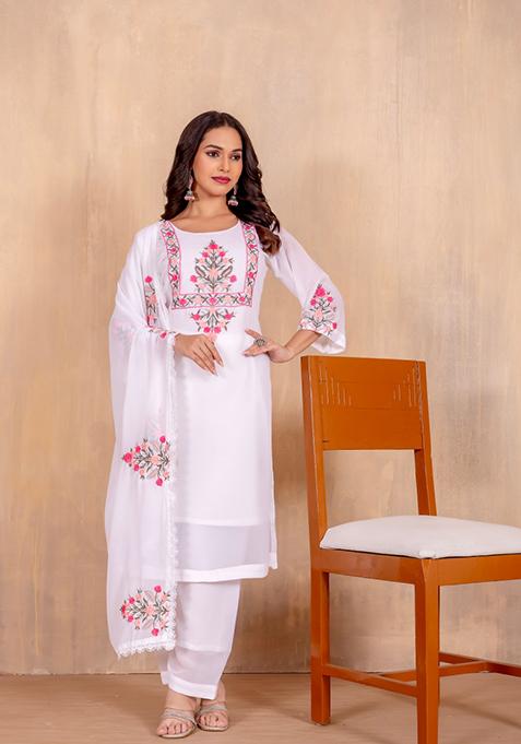 Off White Embroidered Georgette Salwar Kameez