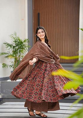 Brown Printed Art Silk Anarkali Set