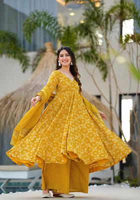 Yellow Printed Art Silk Anarkali Set