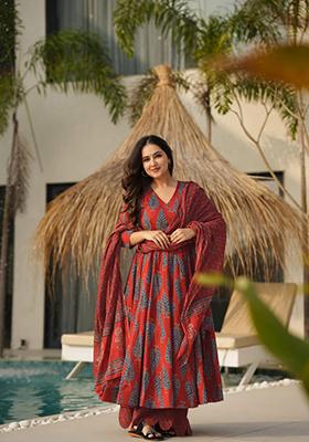 Red Printed Art Silk Anarkali Set