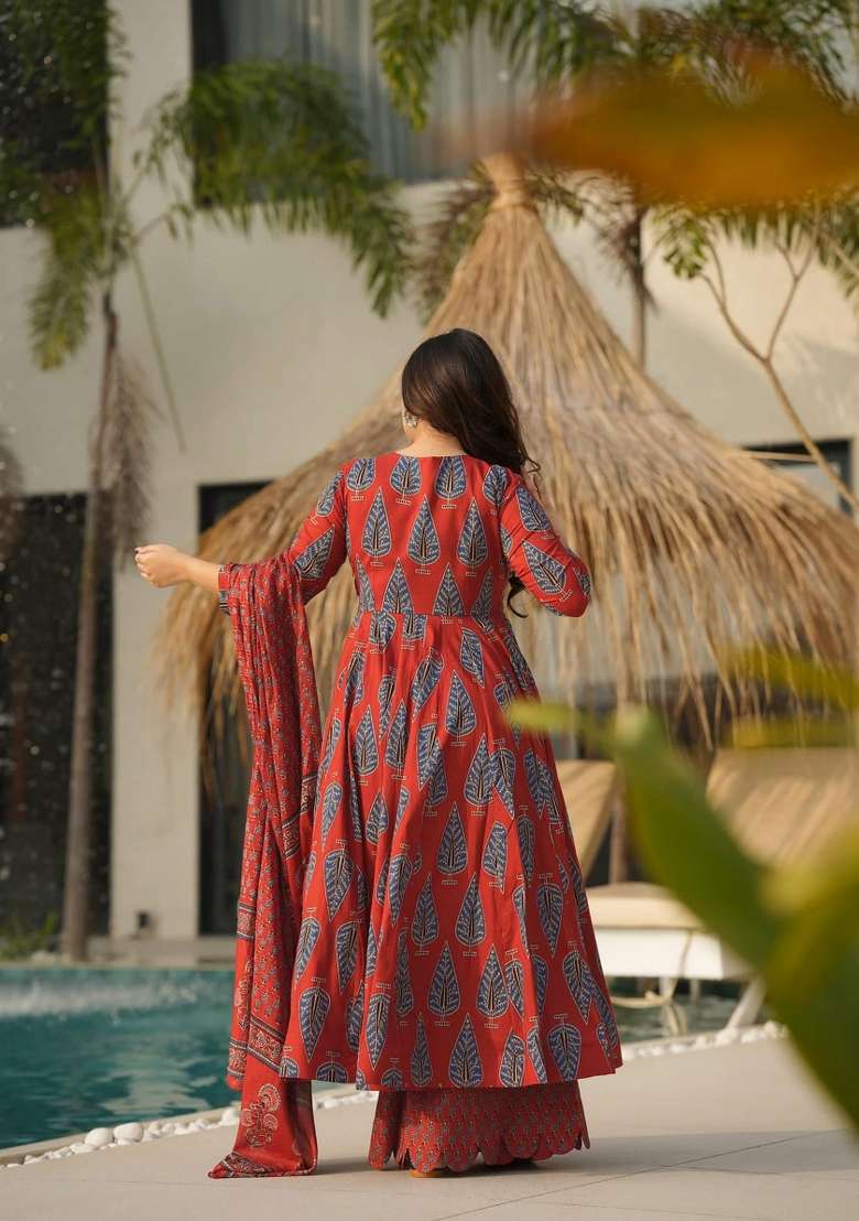 Red Printed Silk Anarkali Set - Indya